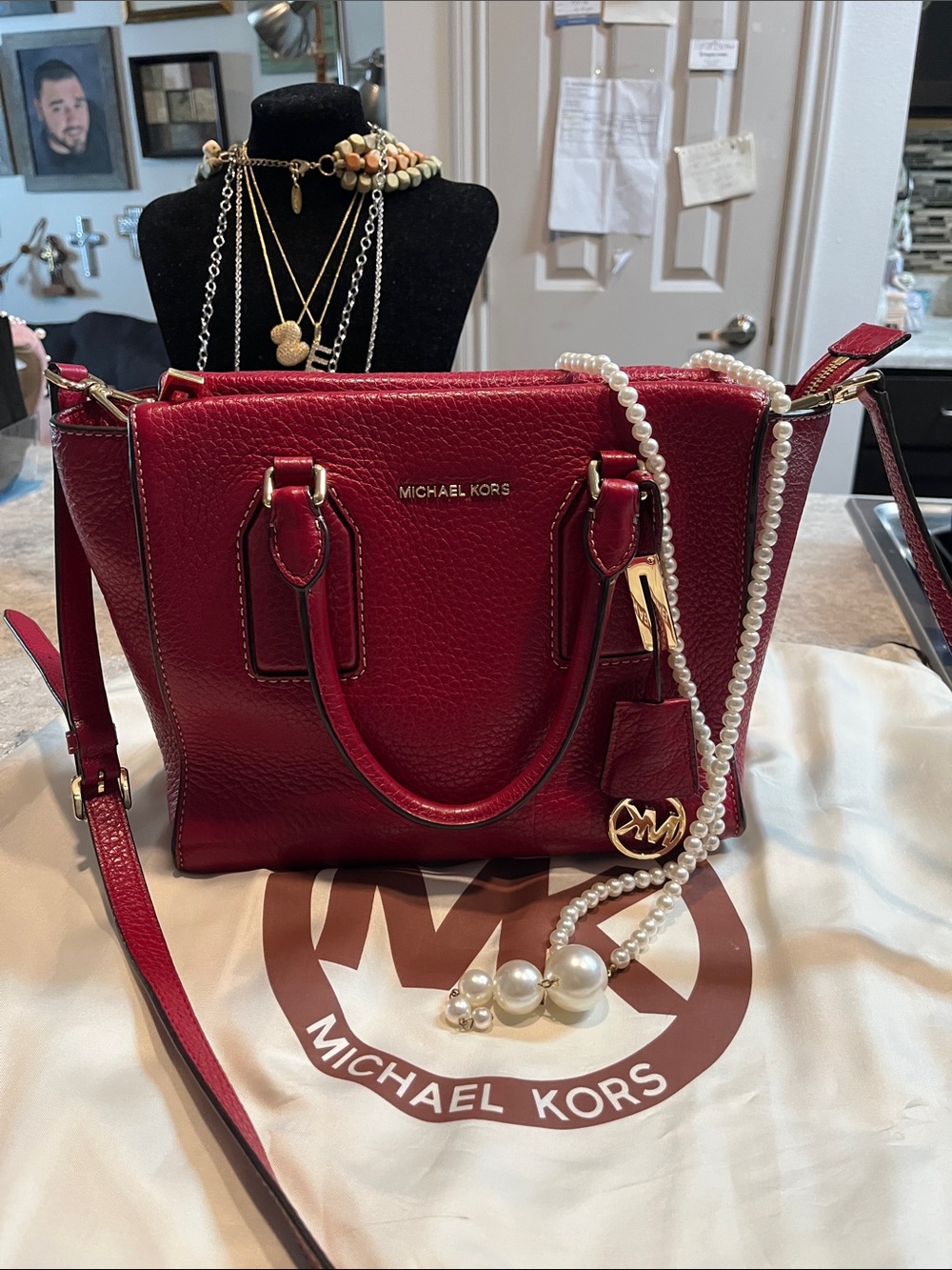 Michael Kors Red Pebbled Leather Satchel with Gold Hardware